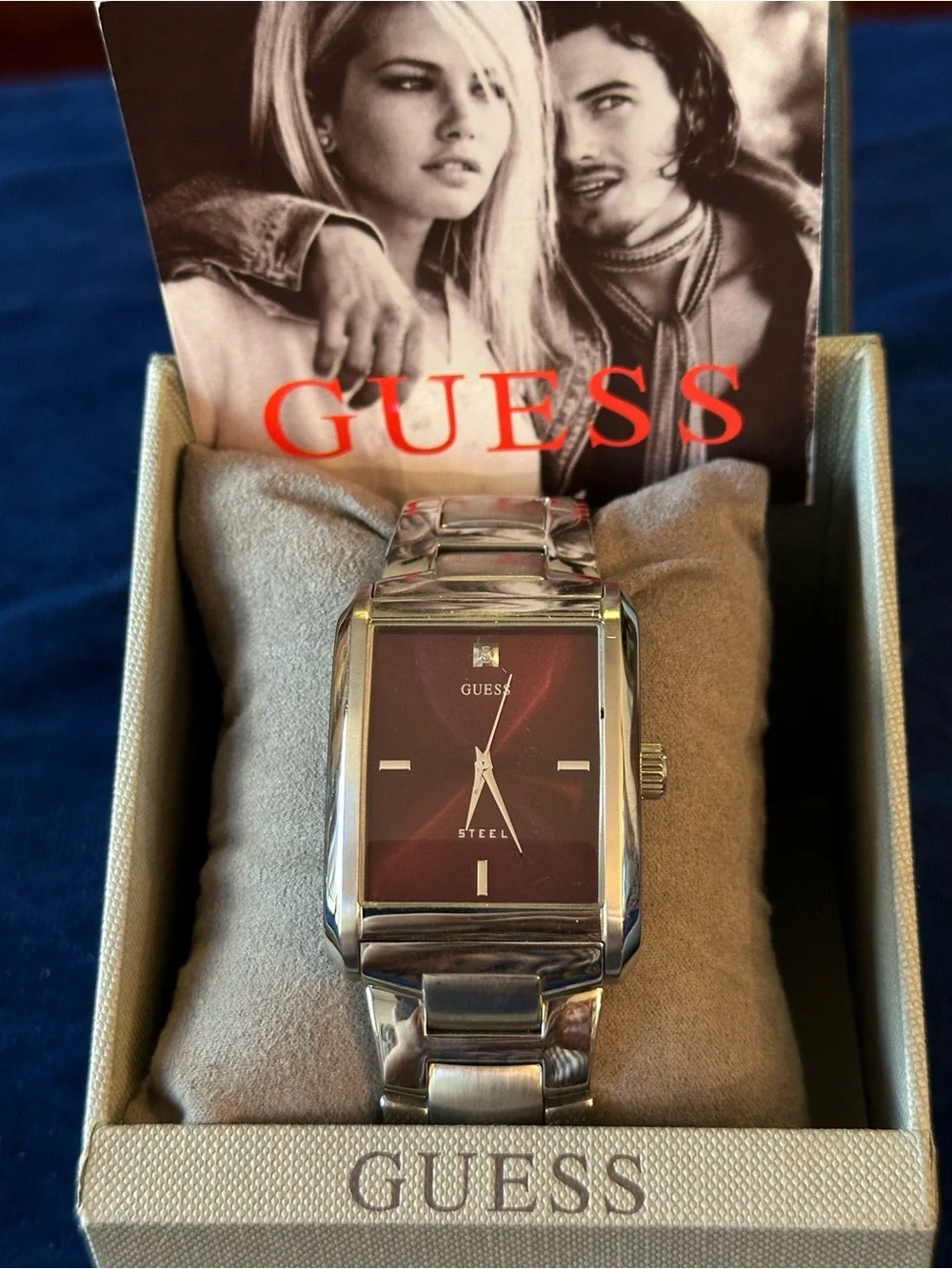 EUC GUESS Steel Men's Rectangular Watch with Burgundy Dial